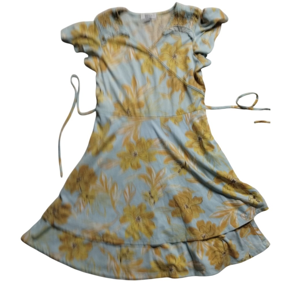 Speechless Girls‎ Floral Wrap Dress Ruffle Trim Tie Waist Blue Yellow Size 14